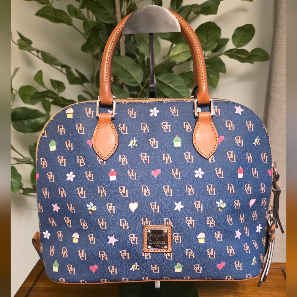 Dooney & Bourke Gretta Novelty Zip Satchel in Navy Bees Flowers Cupcakes
